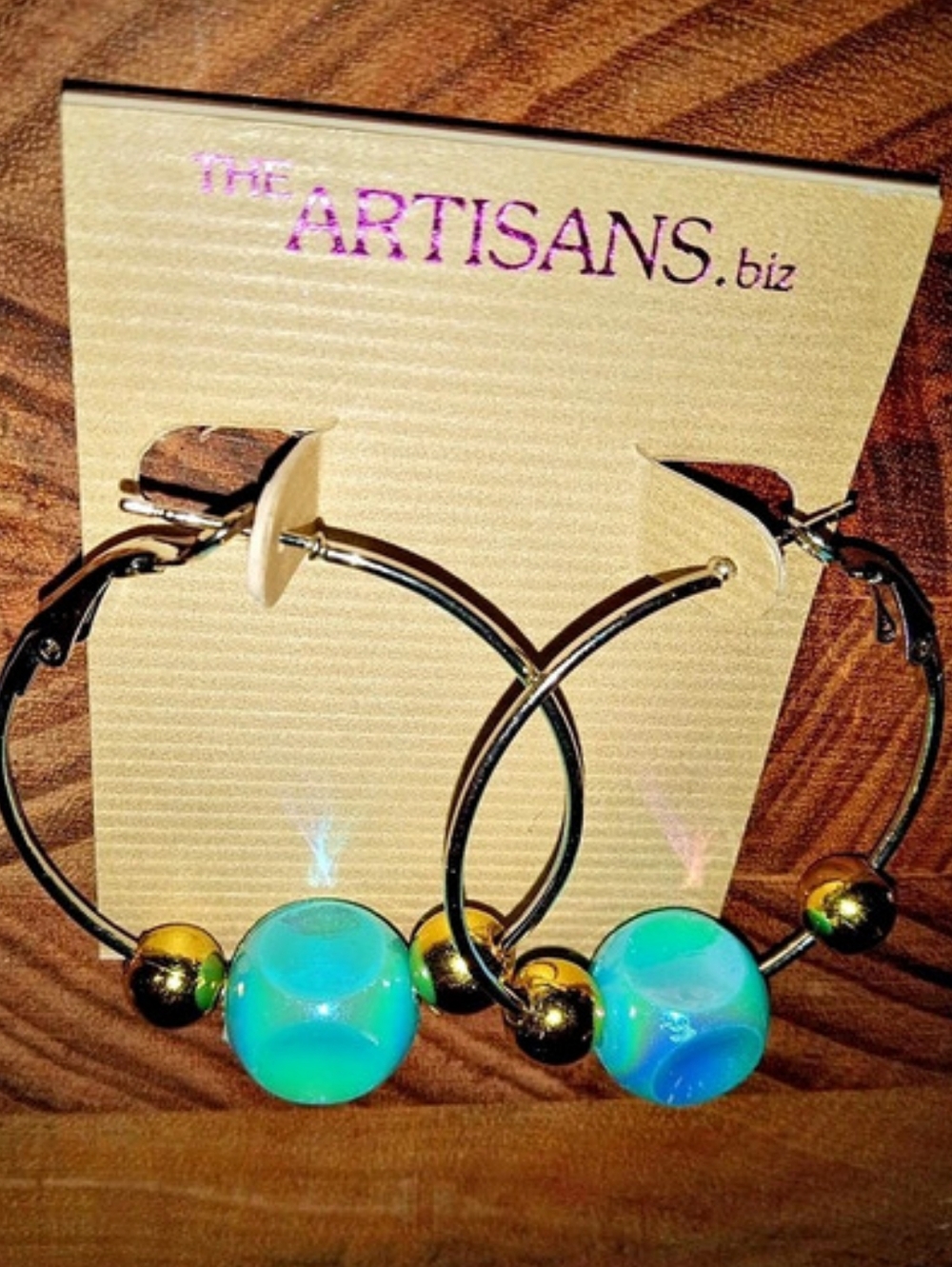 The Artisans.biz Blue & Green Beaded Hoop Earrings NWT